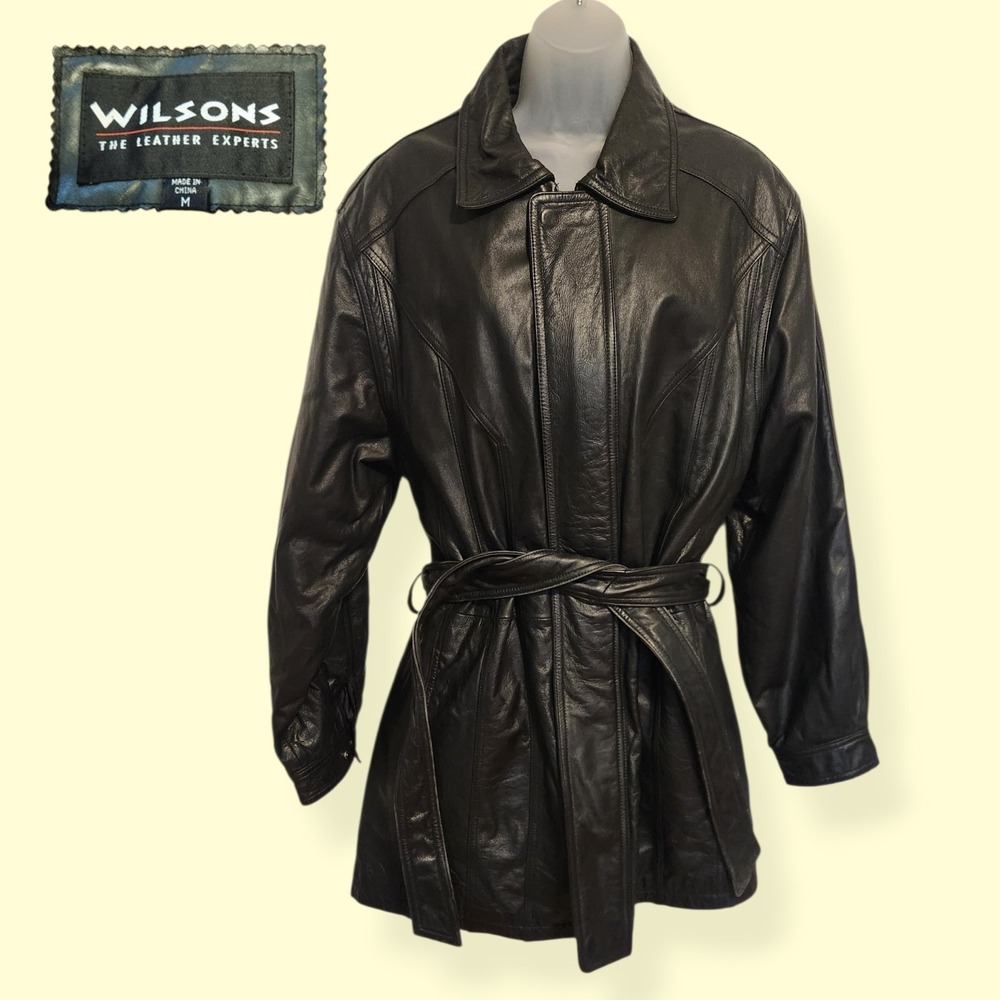 Vintage 90s Wilsons Black Leather Belted Jacket Medium Thinsulate Trench Coat